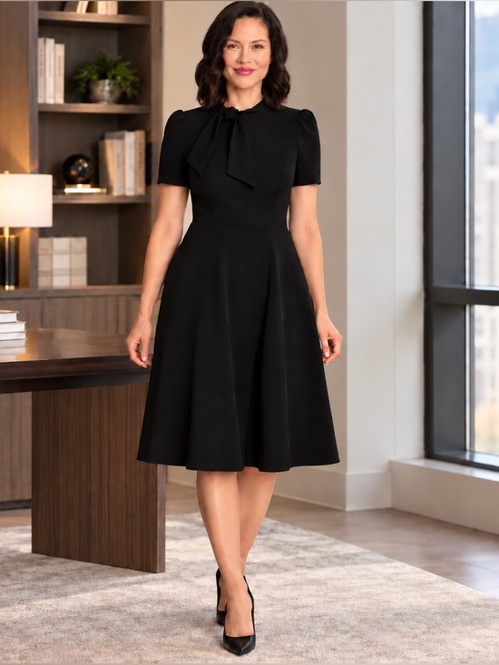 Maggy London Dresses & Skirts - Maggy London Black Tie Neck A-Line Midi Career Dress Pockets Size 6 NWT